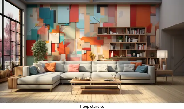 A modern living room with a colorful wall mural