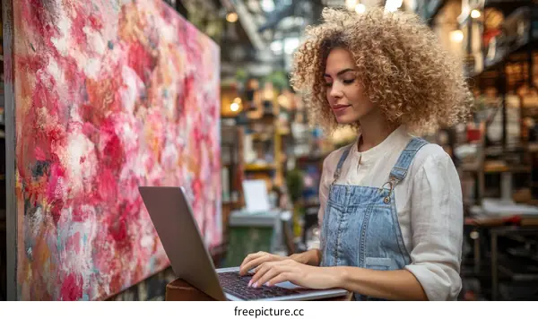 Woman Working on a Laptop near a Large Artwork