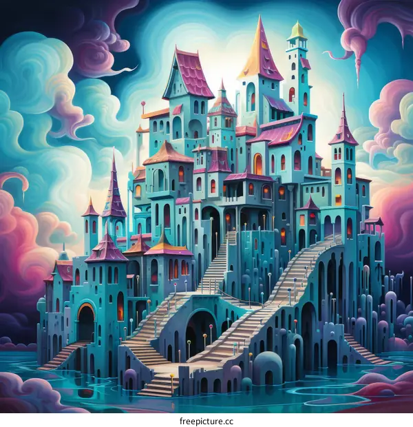 Whimsical illustration of a fairytale castle with bright colors and intricate details
