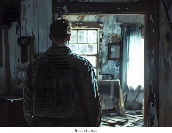Man standing in a room with a broken window