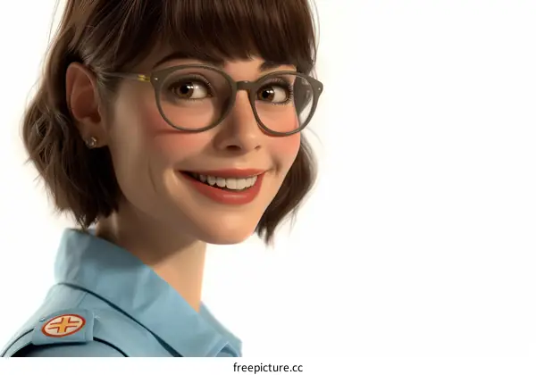 Cheerful young female paramedic with brown hair and glasses