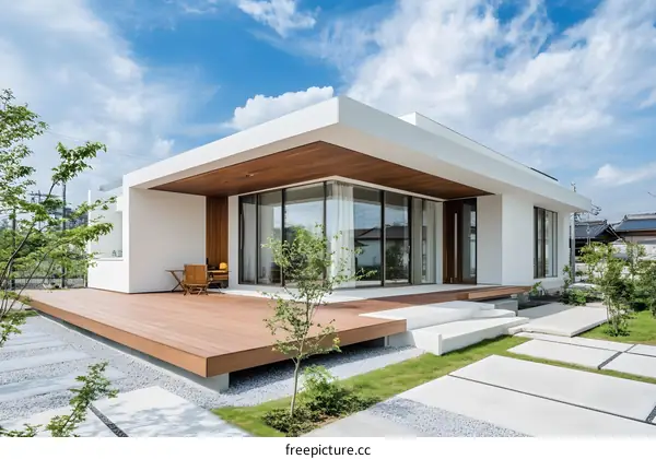 Modern White House with Wooden Deck and Patio