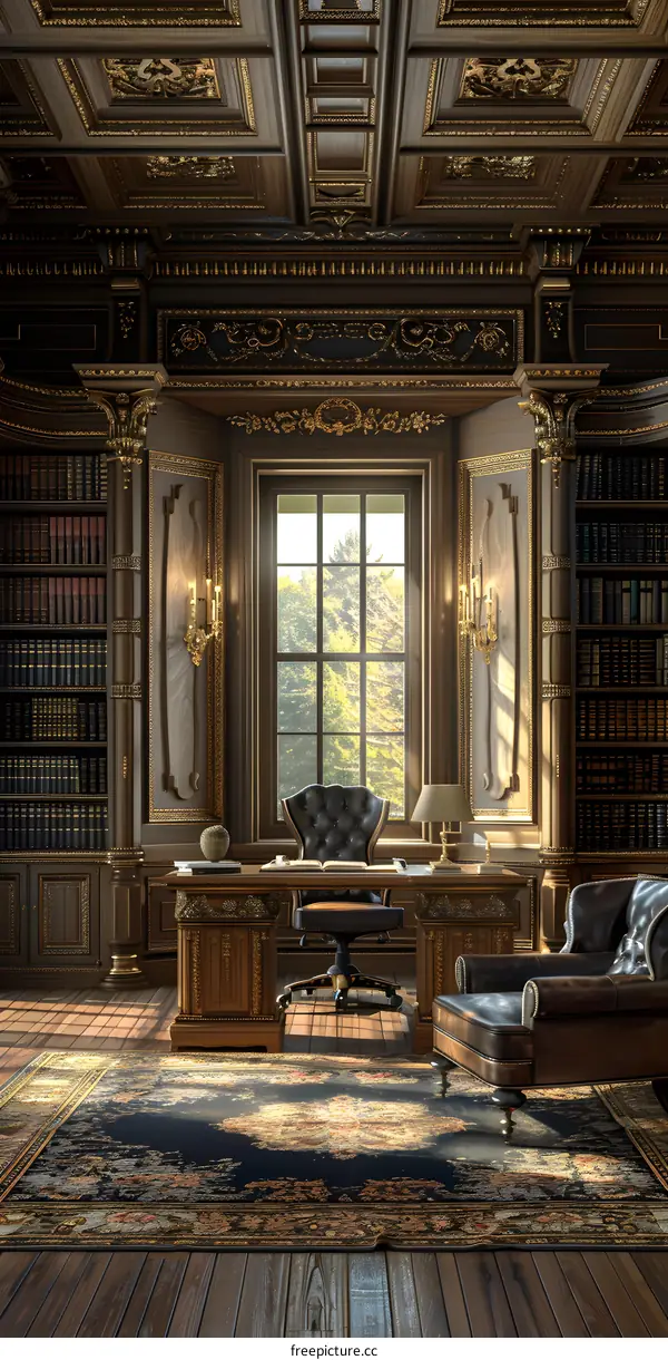 Elegant Library Room With Gold Trim and Bookshelves