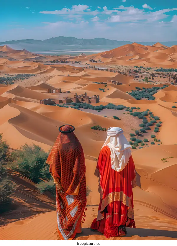 Two Men in Traditional Clothing Standing on a Sand Dune in the Sahara Desert