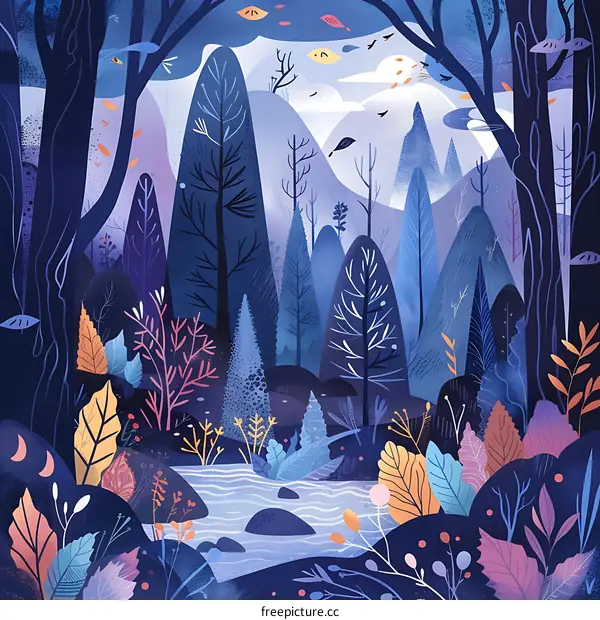 Abstract Illustration of a Forest with Stream and Mountains