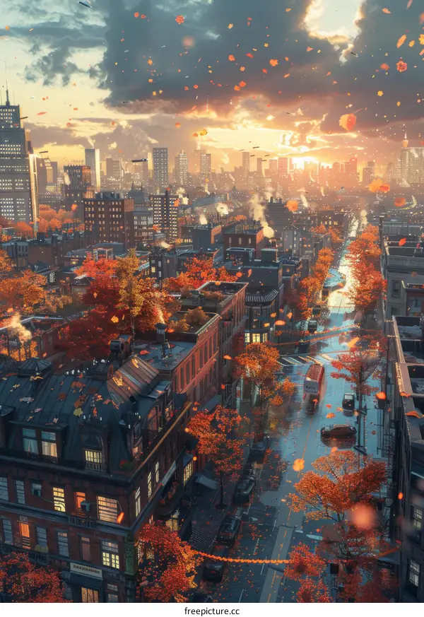 Autumnal Cityscape Aerial View Illustration