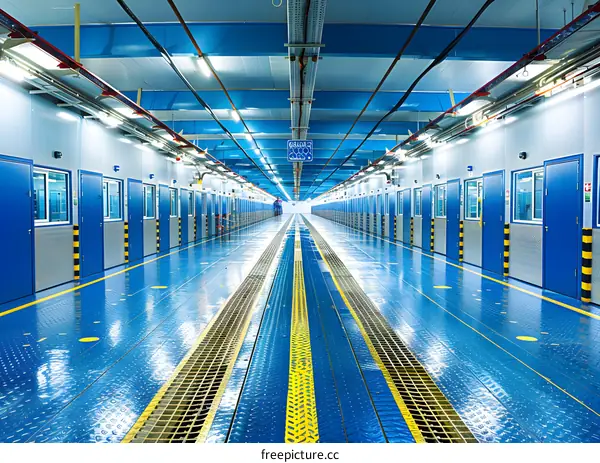 Blue Doors in Industrial Corridor with Yellow Lines on Blue Floor