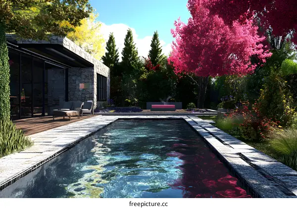 Modern Backyard Pool Design with Stone Wall and Lush Greenery