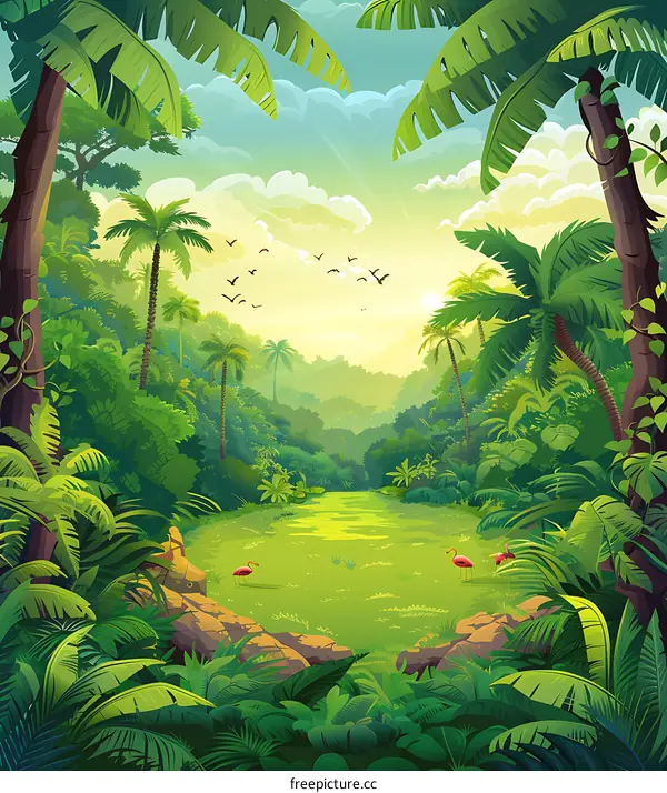 Green Tropical Jungle Landscape Illustration