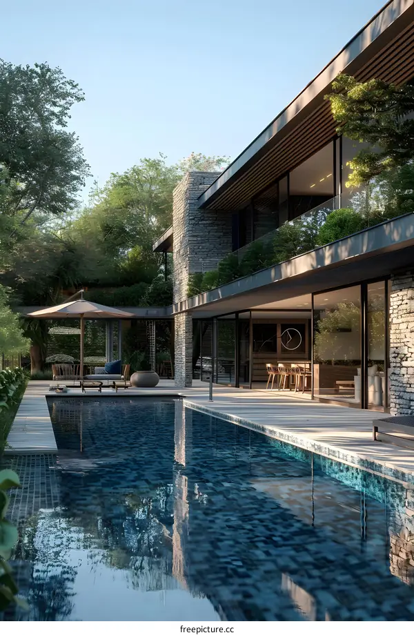 Modern House with Swimming Pool and Stone Facade