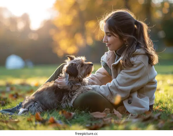 Young woman sitting on the grass with her dog