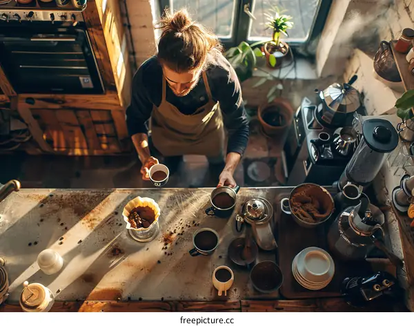 Top view of barista making coffee in the morning sunlight