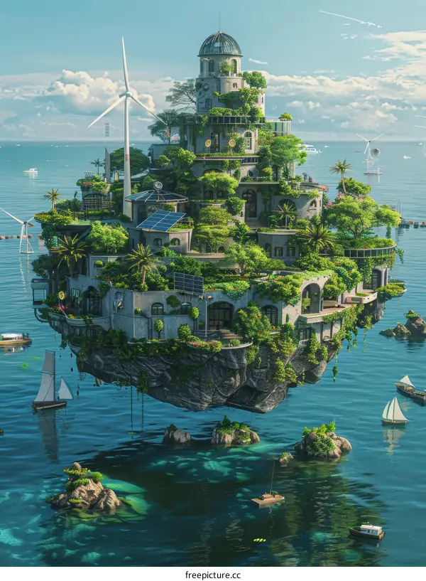 Futuristic floating city with lush greenery and sustainable energy sources