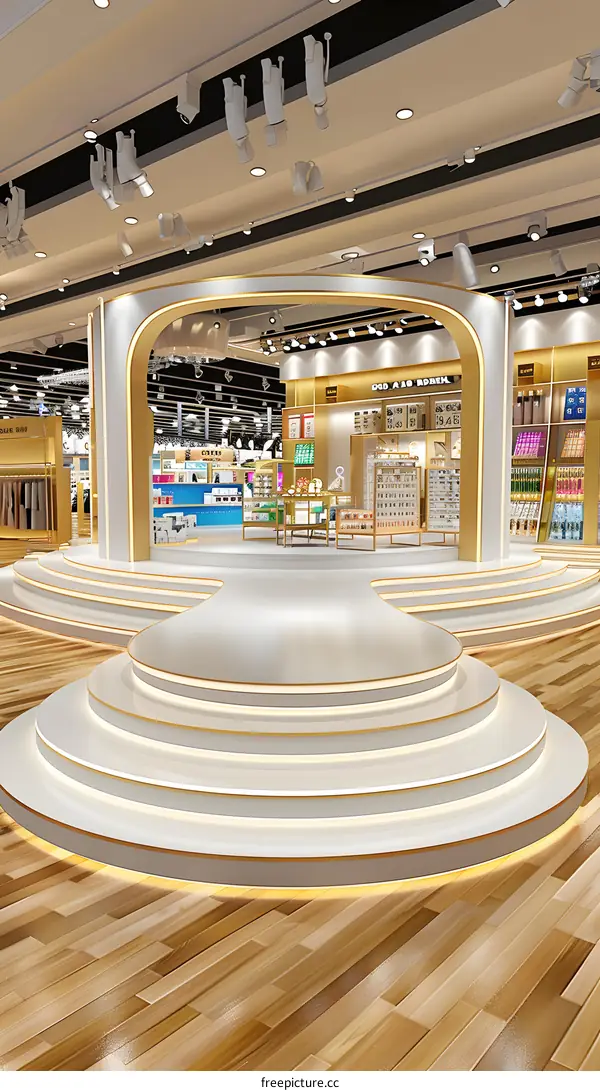 Modern Retail Store Interior Design with White and Gold Circular Platform