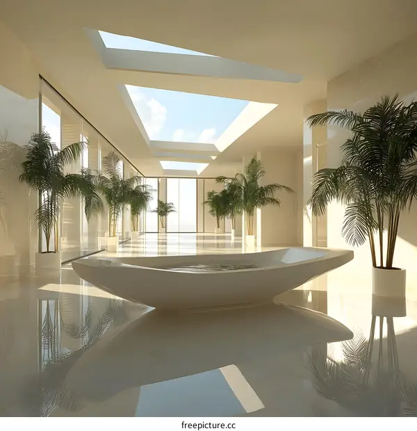 Modern Minimalist Interior Design with Palm Trees and a White Bathtub