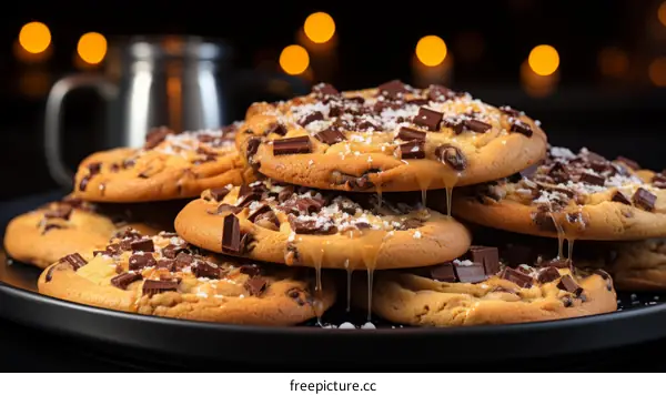 Close-up of Chocolate Chip Cookies with Chunks on a Black Plate