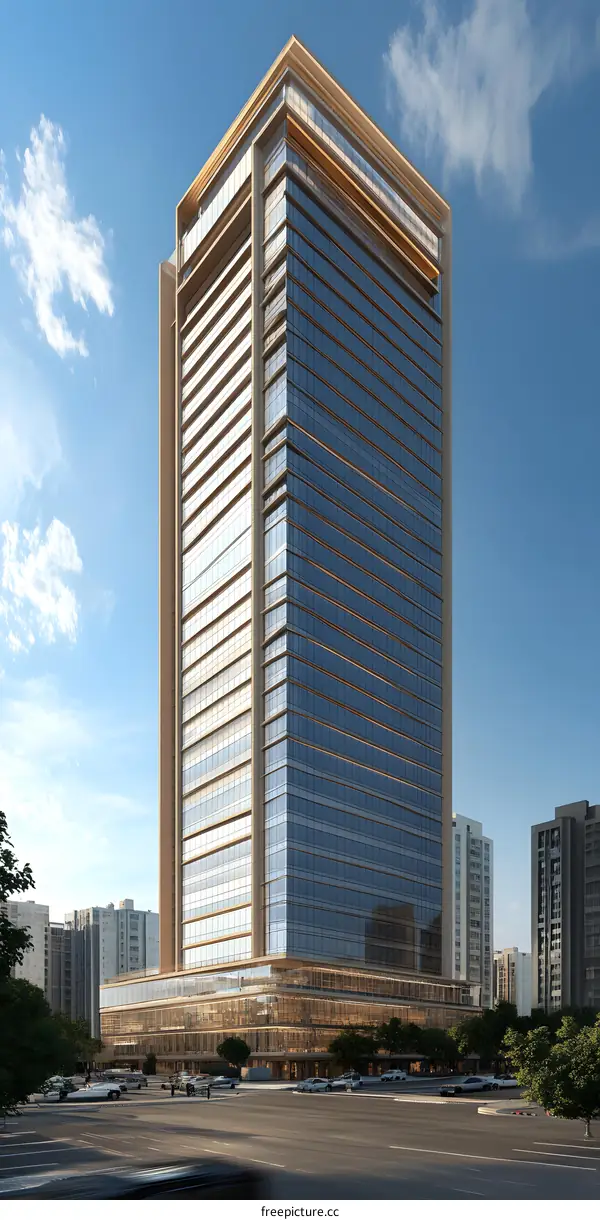 Modern Skyscraper Architecture With Glass Facade and Golden Trim