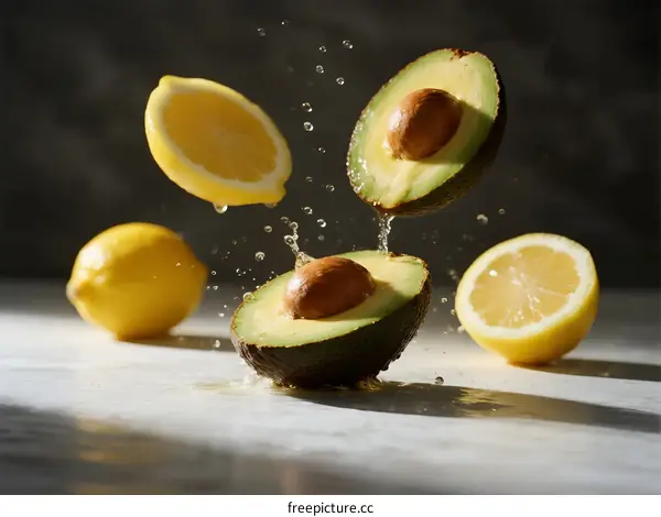 Fresh Avocado Slices with Lemon Splashing in Mid Air