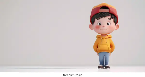 Cute Cartoon Boy Standing With Hands in Pockets