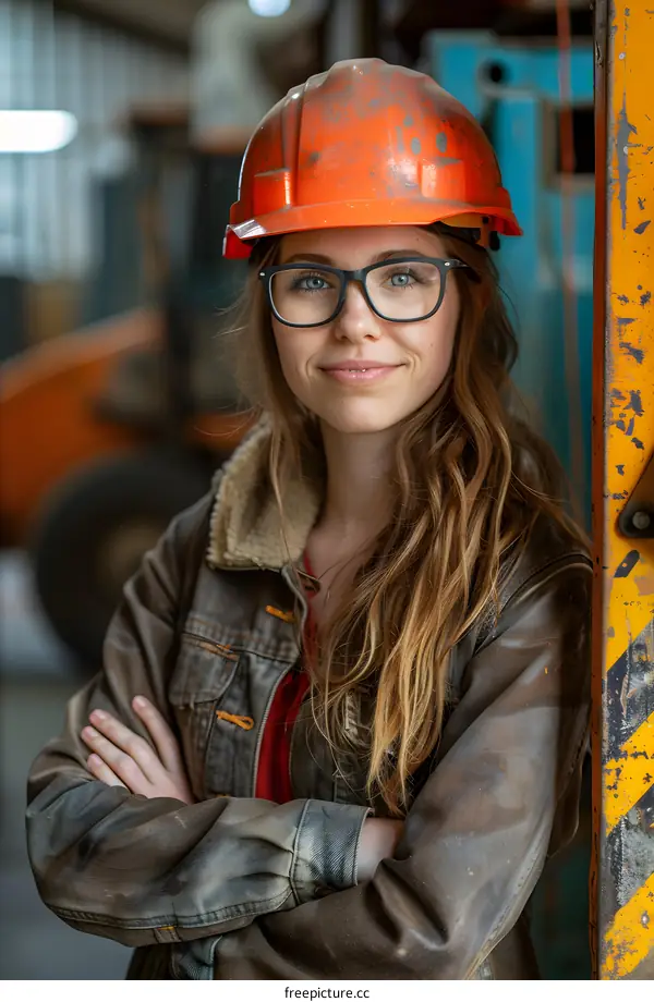 portrait of a female engineer wearing a hard hat and glasses