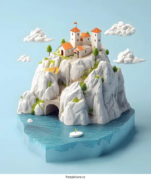 Low Poly Castle on an Island with Clouds
