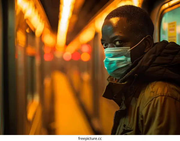 A masked man waits on a subway platform