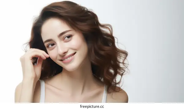 Portrait of a beautiful young woman with brown hair and brown eyes smiling