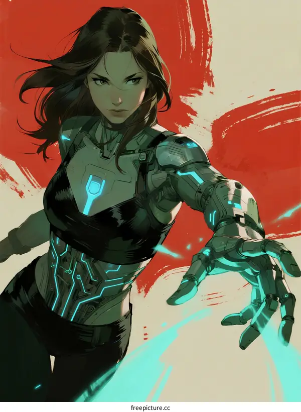 Cybernetic Female Character with Glowing Tech in Futuristic Setting