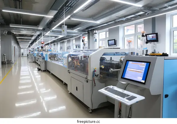 Modern Manufacturing Facility Interior with Automated Production Lines