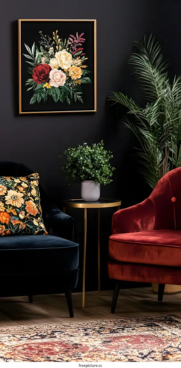 Floral Art Print Above Living Room Armchairs