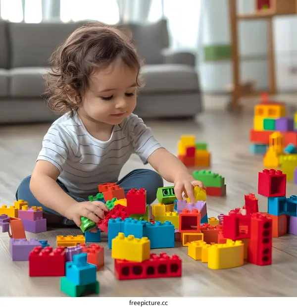 Toddler Girl Playing with Colorful Building Blocks on Wooden Floor