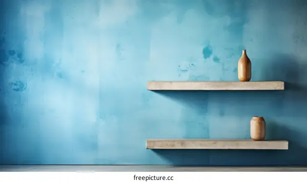 Two ceramic vases on concrete shelves against a blue textured background