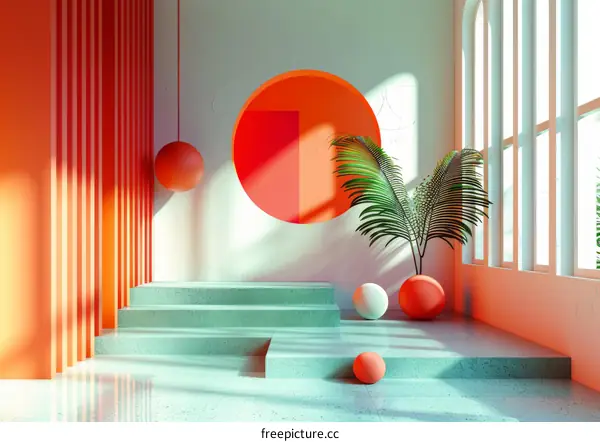 Minimalist interior with green podium, orange circle and plant