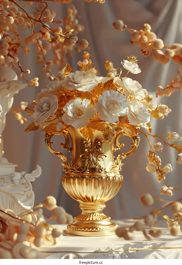 A golden vase filled with white flowers