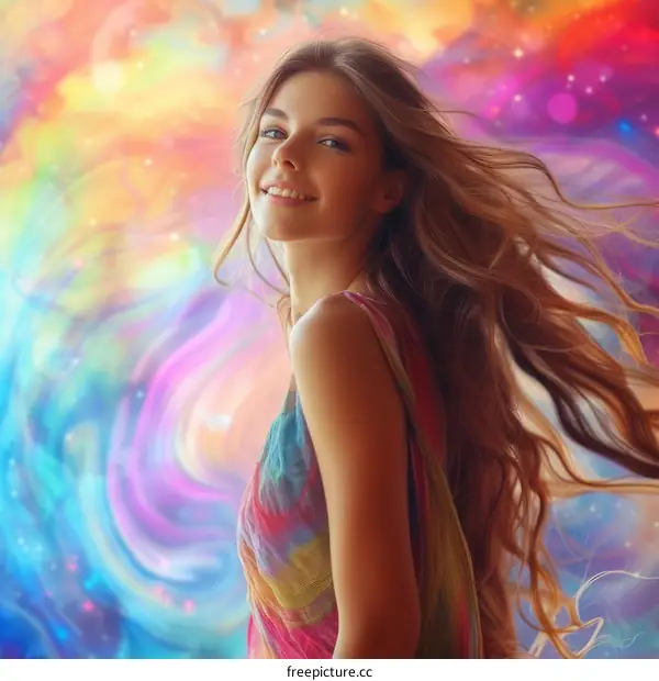 Portrait of a young woman with long blond hair smiling against a colorful background