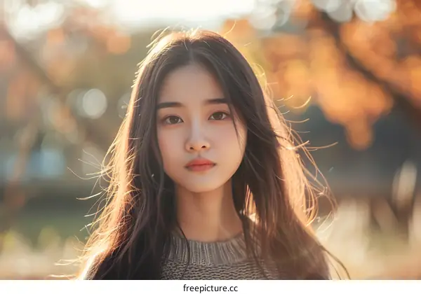 Young Asian Woman Looking at the Camera in Autumn