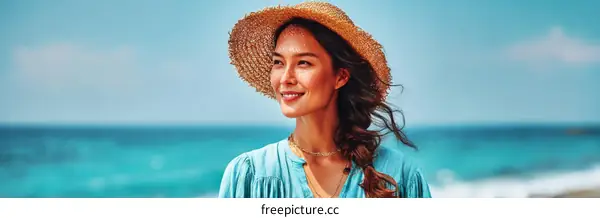 Woman wearing straw hat by the seaside