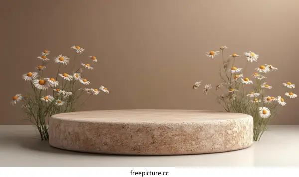 Beige Stone Product Display with Wildflowers