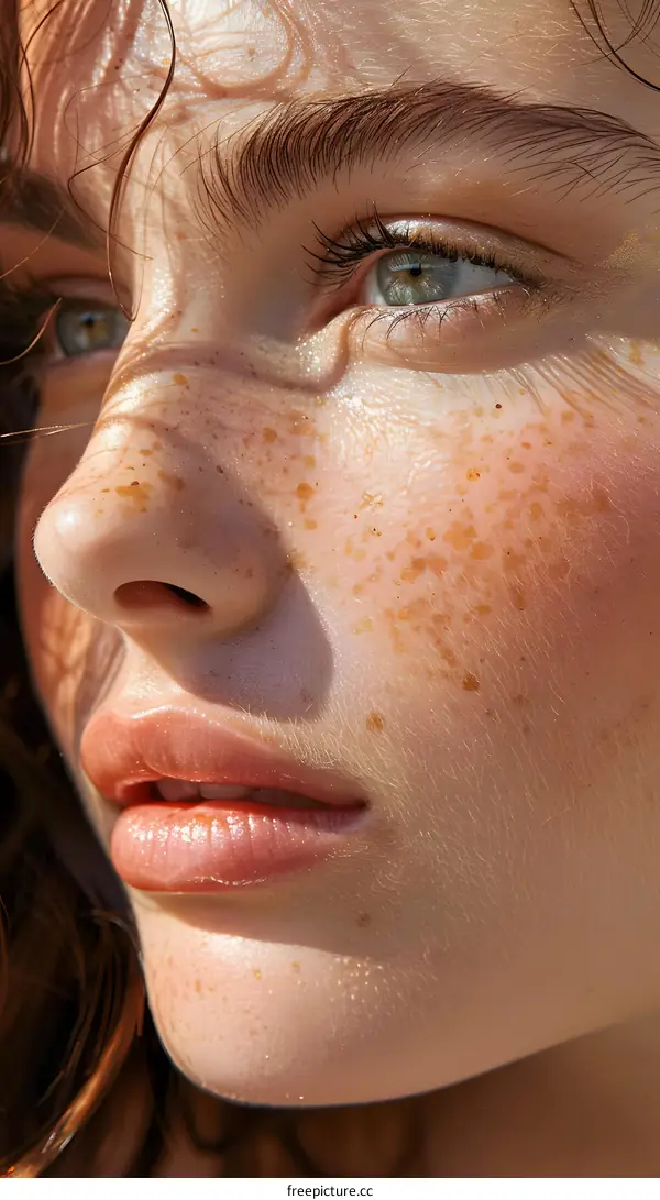 Closeup Portrait of a Woman with Freckles and Green Eyes