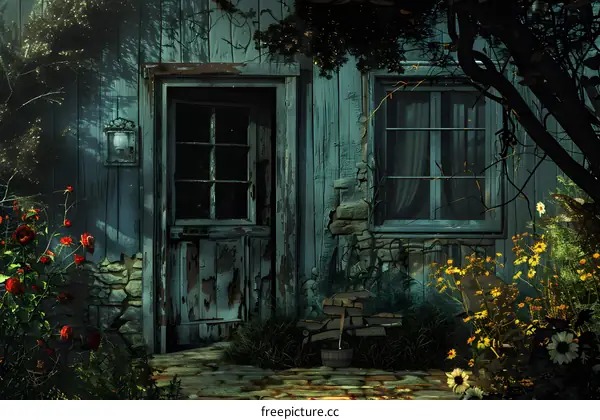 Blue wooden house in the middle of a dark forest