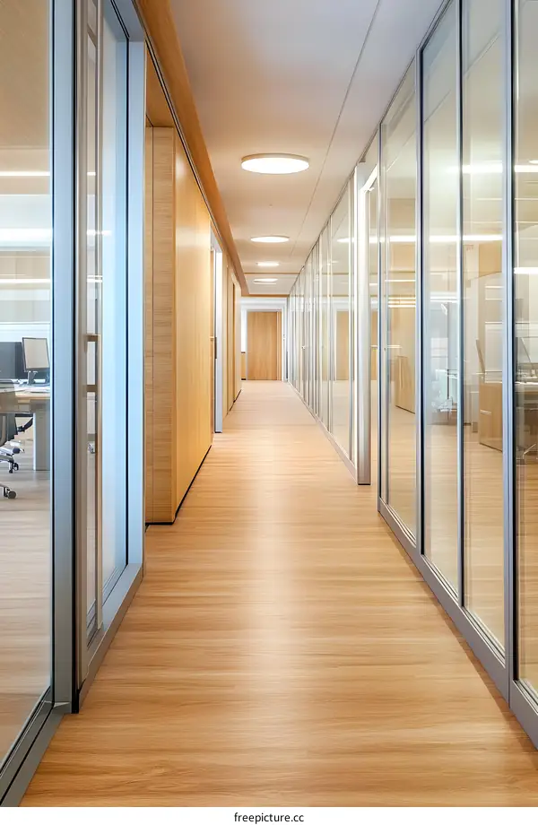 Modern Office Hallway with Glass Walls and Wooden Floor
