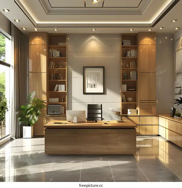 Office interior with wooden furniture and marble floor