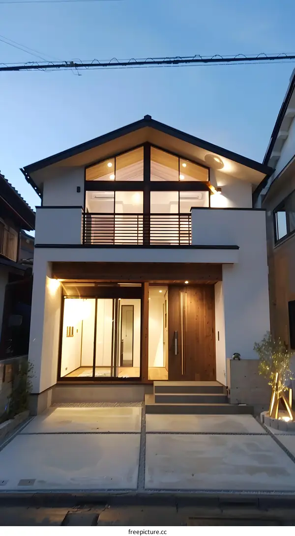 Modern Two Story House with Wooden Accents and Large Windows