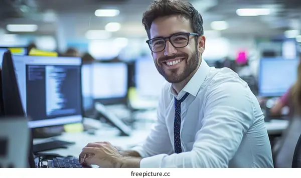 Smiling Businessman Working at a Computer in an Office