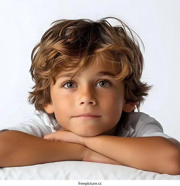Portrait of a boy with freckles and brown hair