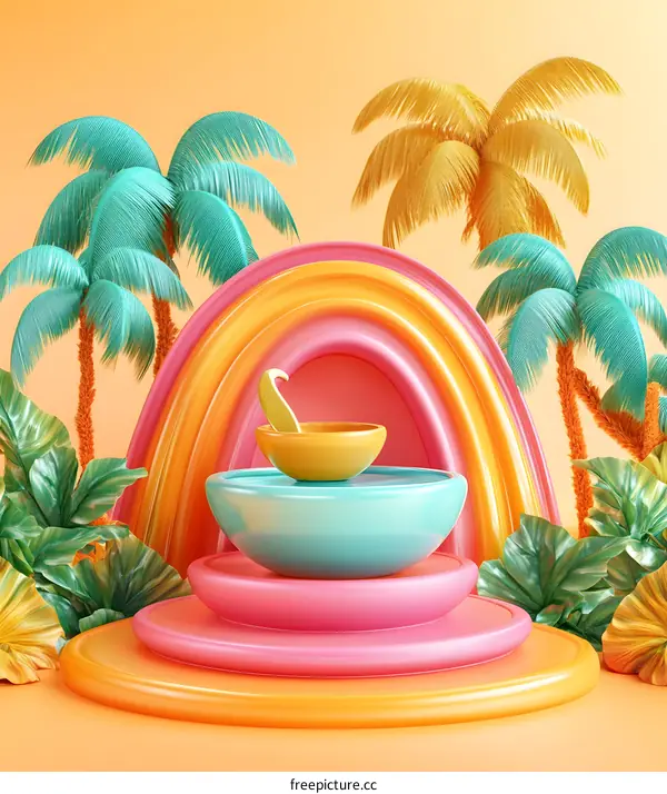 3D Rendered Illustration of  Colorful Tropical Summer Background with Palm Tree, Rainbow Arch, Diya and Podium