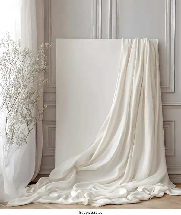 White Fabric Draped on a White Background with a Branch of Flowers