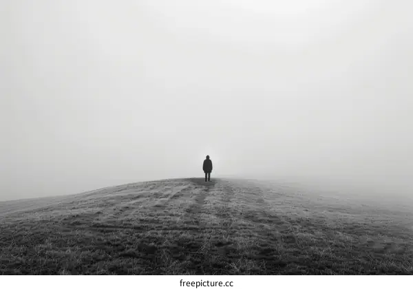 A solitudinous figure stands on a hill shrouded in mist