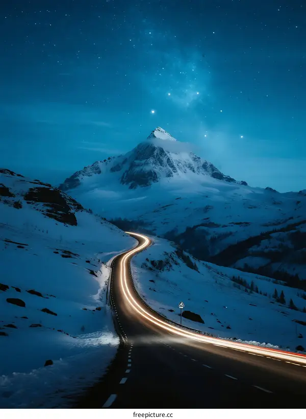 Snowy Mountain Road with Starry Night Sky and Light Trails