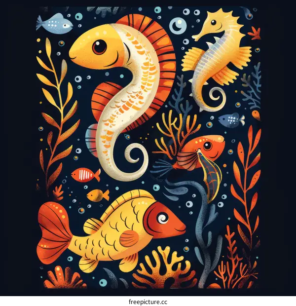 Vibrant Underwater Illustration with Fish and Aquatic Plants